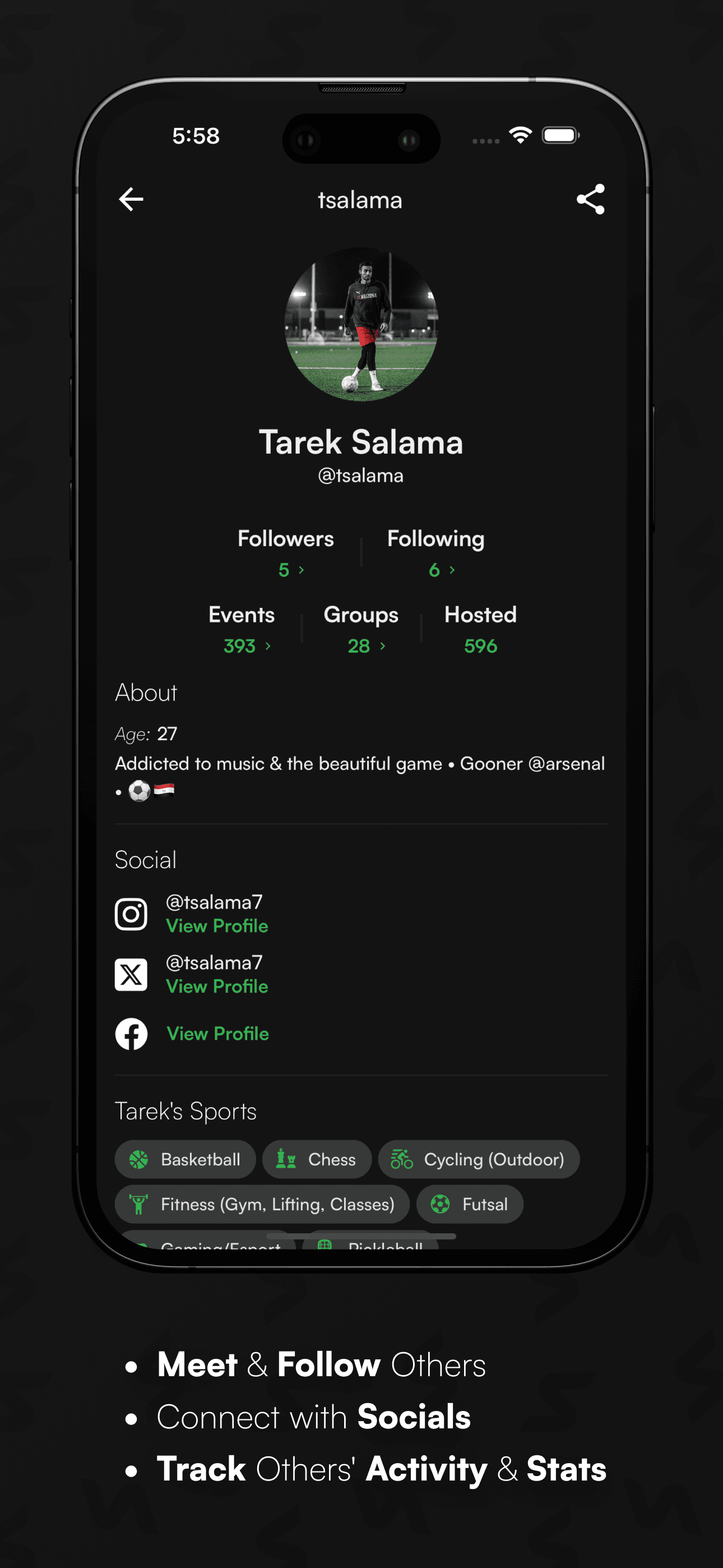View Profiles, Followers/Following, Activity, Stats, Bios, Social Accounts, Favorite Sports, and More