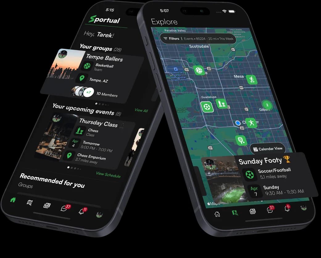 Two Sportual mobile app screens showing organized groups and nearby sports activities