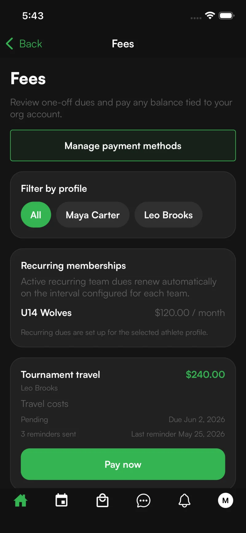 Sportual mobile parent fees screen showing team payments
