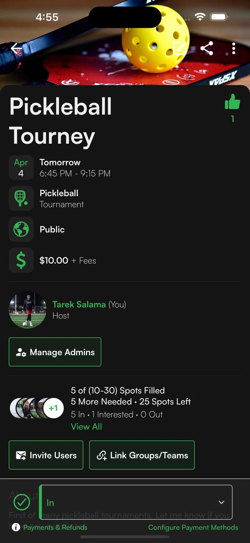 Sportual mobile event screen showing spots filled, spots left, cost, host, and RSVP options